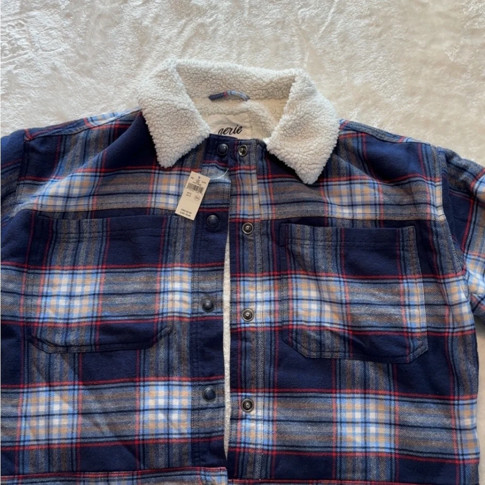 New, Aerie Cropped Plaid Sherpa Jacket - Picture 3 of 16